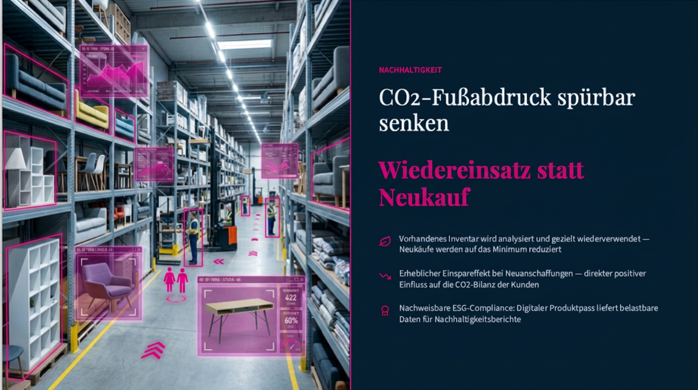 Assetcloud Lageransicht: Inventar mit digitalem Overlay, Analyse-Tags und nachhaltigem Wiedereinsatz