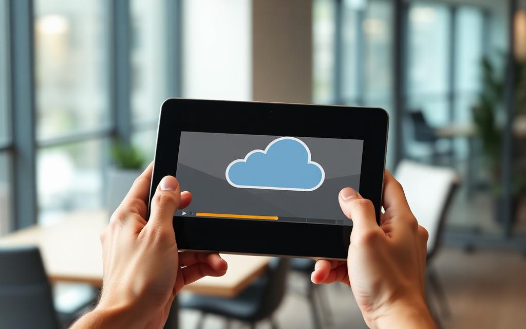 Tablet lädt das Rundgang-Video in die Assetcloud hoch