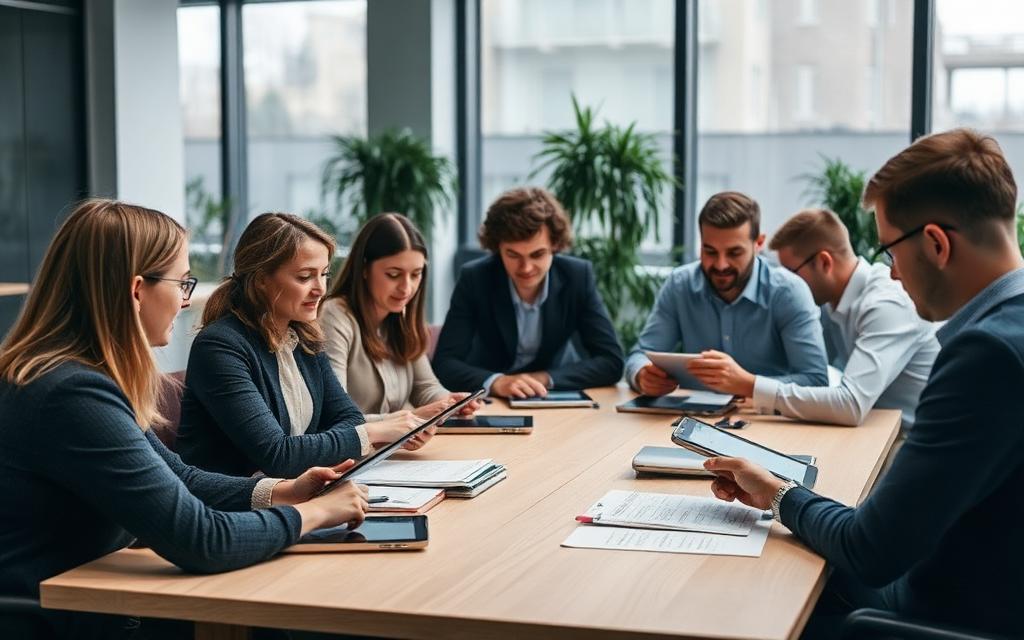 Mitarbeitende beantworten am Besprechungstisch eine digitale Bedarfsbefragung