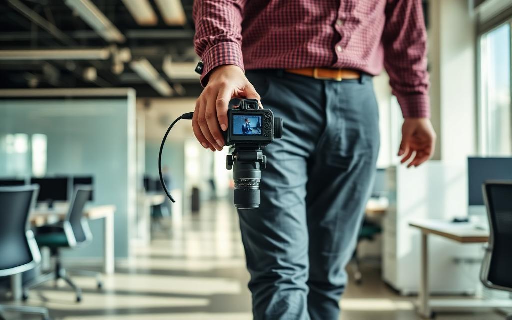 Mitarbeiter geht mit Kamera durchs Büro und erfasst Möbel