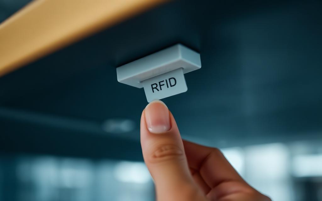 RFID-Etikett wird unter einer Schreibtischplatte angebracht