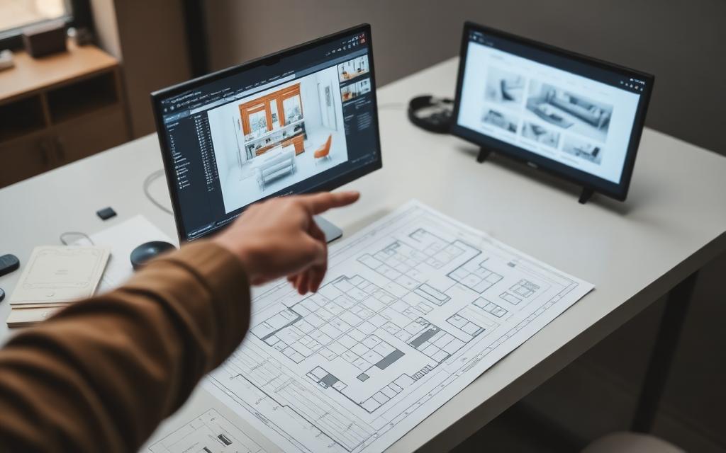 Grundriss und 3D-Planung von Büroflächen am Bildschirm