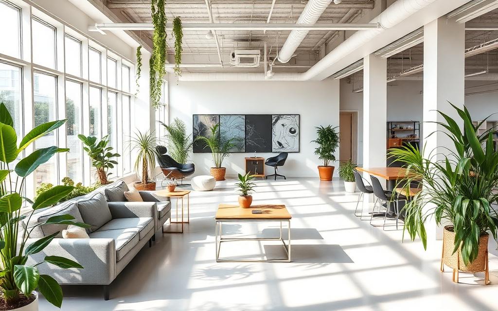 Frei gewordene Bürofläche als helle Lounge- und Coworking-Zone genutzt