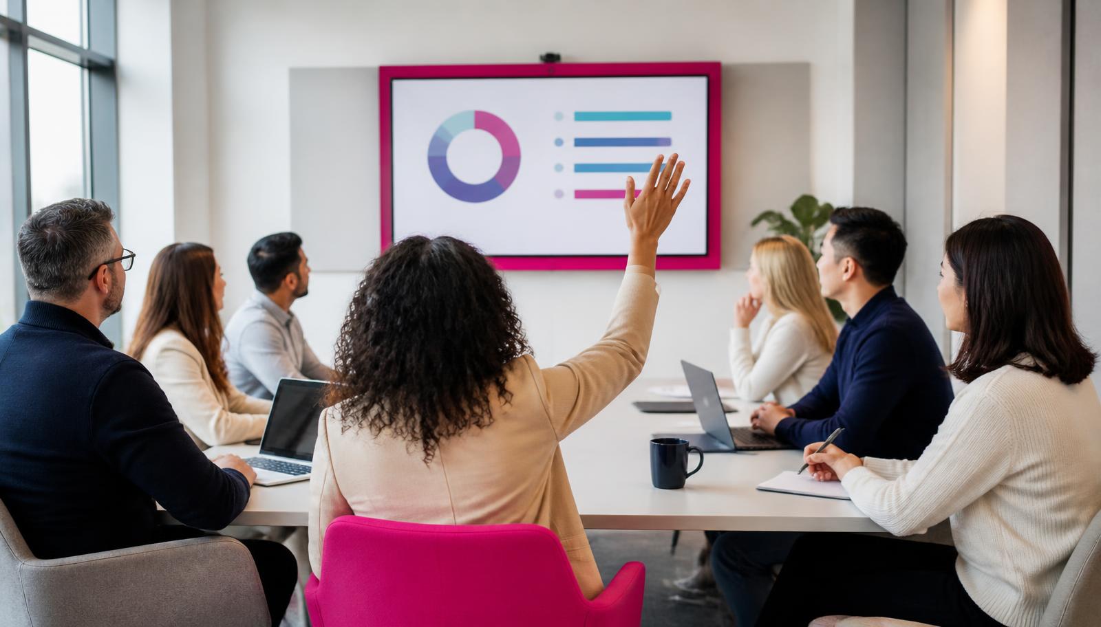 Mitarbeitende in einem Workshop betrachten Umfrageergebnisse auf einem Bildschirm und diskutieren aktiv